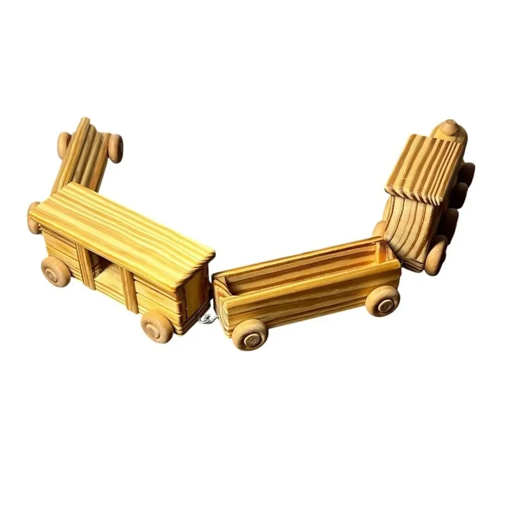 Wooden Train Set Kids Toy Wheeled Engine Cars Flatbed Caboose Wood Four Piece